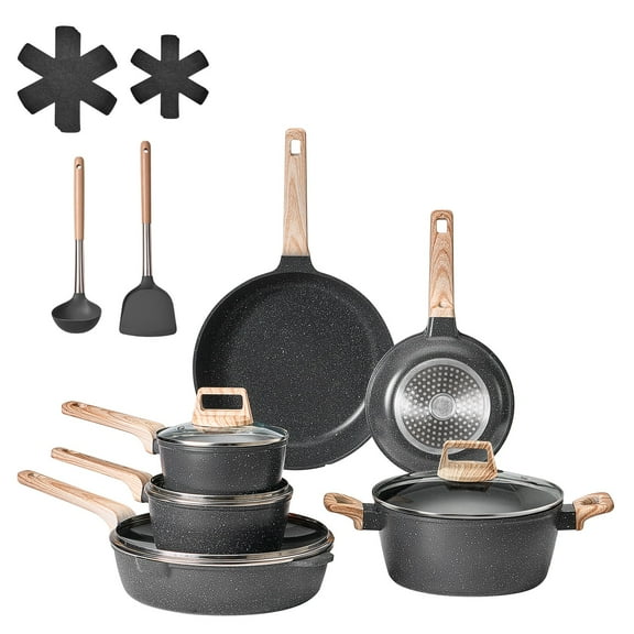 17 Piece Granite Nonstick Pots and Pans Cookware Set for Induction Black Kitchen Essentials