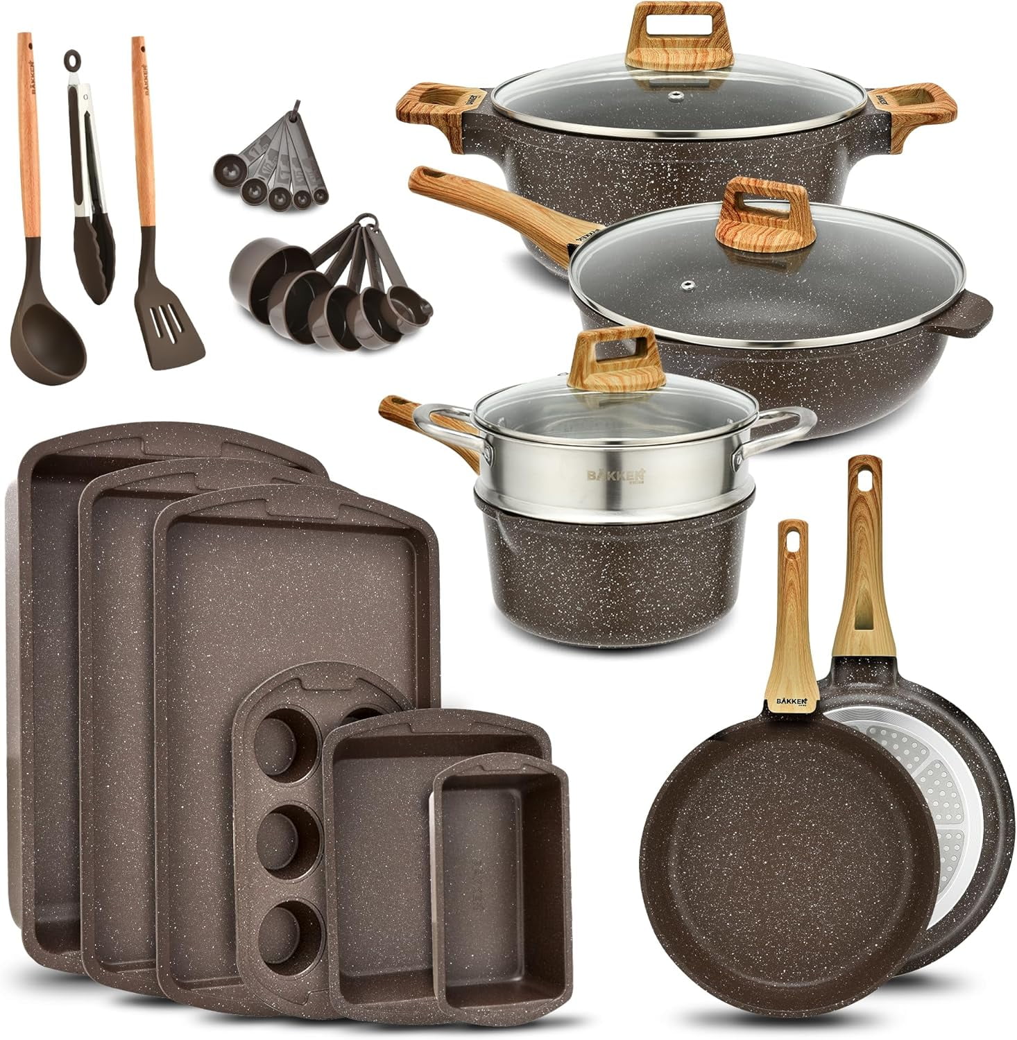 Brown Marble Nonstick Granite Cookware Set with Tempered Glass Lids, 20 Pieces