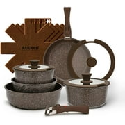 Pots & Pans Set Non Stick Ceramic-Granite   14-Piece Cookware with Detachable Handles, Stackable Space-Saving, Dishwasher Safe, Oven & All-Stove Safe, Tempered Glass Lids, Brown