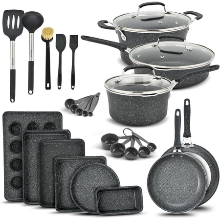Kitchen Cookware Set – Nonstick Pots and Pans with Handle Grips & Tempered Glass Lids, Ceramic, Oven Safe Up to 500°F, 23-Piece Set – Dark Gray