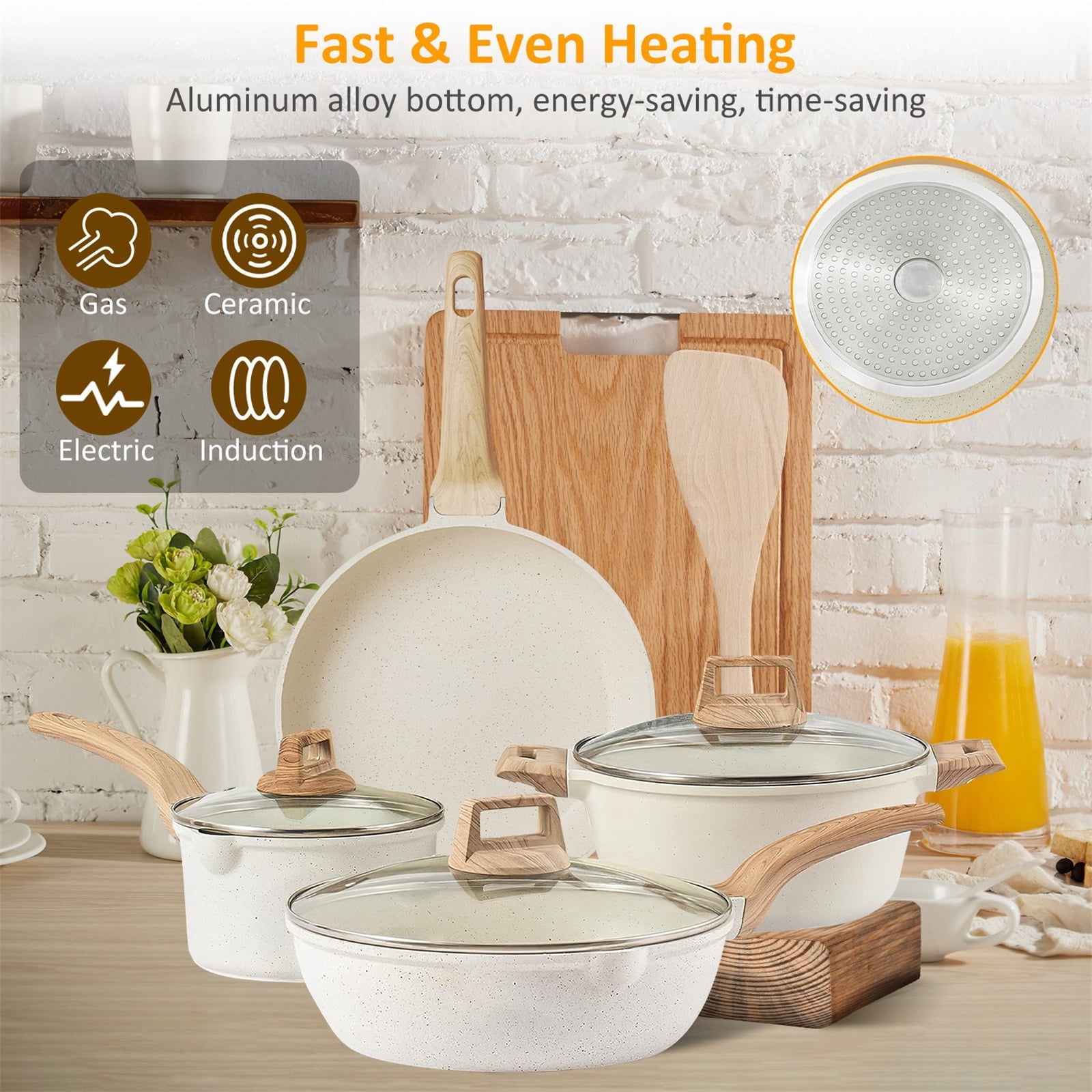 Kitchen Cookware Set Pots and Pans Set White Nonstick Granite Coating ...
