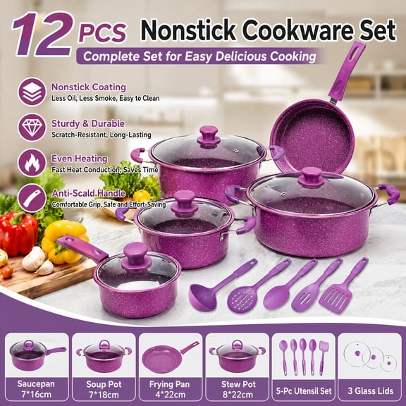 Kitchen Cookware Set, Purple Non-Stick Pots and Pans with Ergonomic Handles, Scratch-Resistant for Daily Cooking & Holiday Gifting