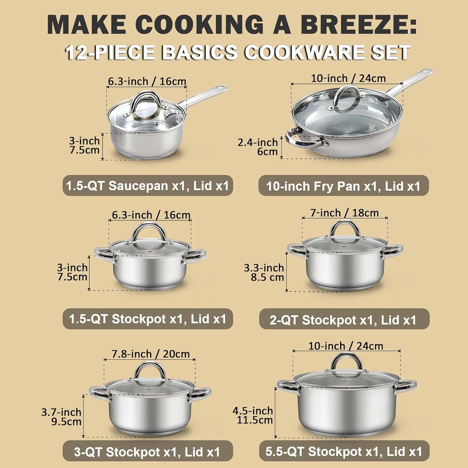 Kitchen Cookware Sets, 12-Piece Basic Stainless Steel Pots and Pans ...