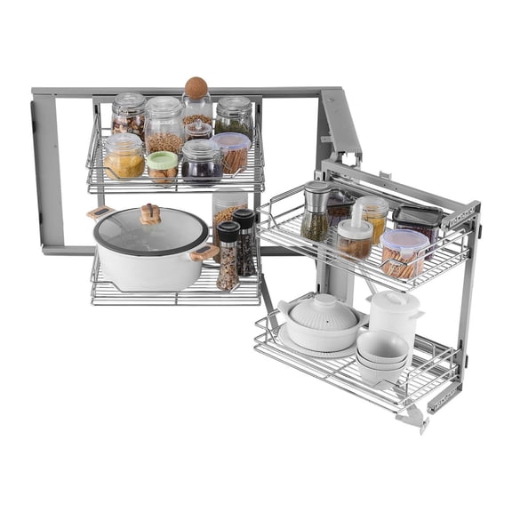 Kitchen Corner Pull Out Organizer - 2 Tier 4 Shelf Chrome Basket for Cabinets - Blind Corner Solution - Maximize Space