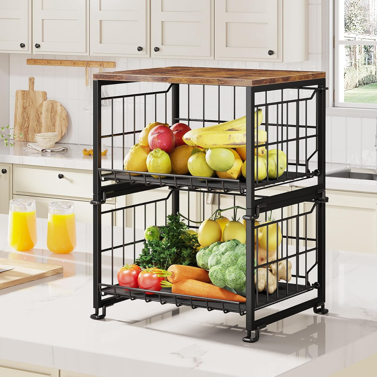 Kitchen Counter Basket Wire Basket with Bamboo Top, 2 Tier Detachable ...