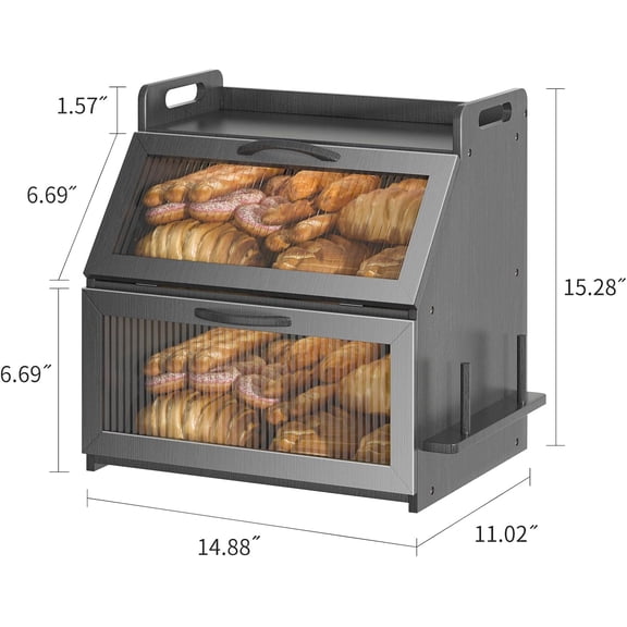 Kitchen Counter Bread Box, Farmhouse Wooden Double Layer Bread Storage Container with Acrylic Window, Large Capacity, Black