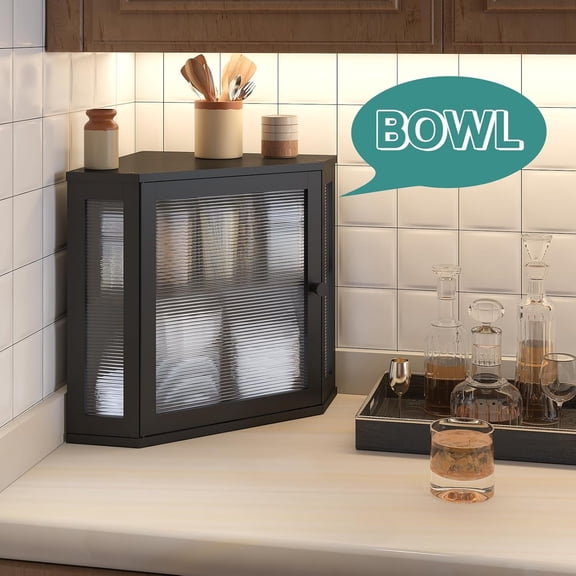 Kitchen Counter Corner Bread Box, Bamboo Wood Bread Storage Container with Acrylic Wavy Door Panel, Large Capacity, Black, Medium