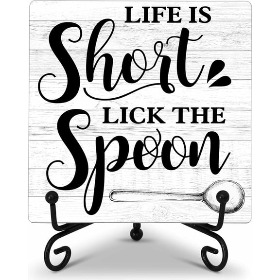 Kitchen Counter Decor, Kitchen Decor and Accessories, Life Is Short Sign, Fun Farmhouse Wooden Plaque with Iron Stand for Dinning Room Shelf Display-A08