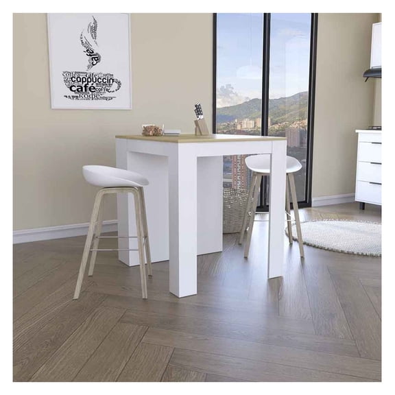 Kitchen Counter Dining Table with Shelves - White/Light Oak, 36x36 inch, Modern Farmhouse Style, Space Saving, 2 Legs & 3 Side Storage