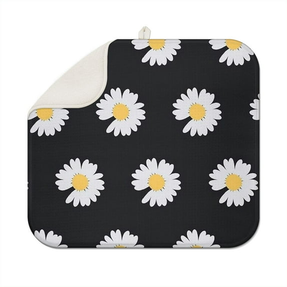 Kitchen Counter Dish Drying Mat with Daisy Theme Foldable Microfiber Pad Spring Floral Absorbent Rack Drainer 16x18 Inch