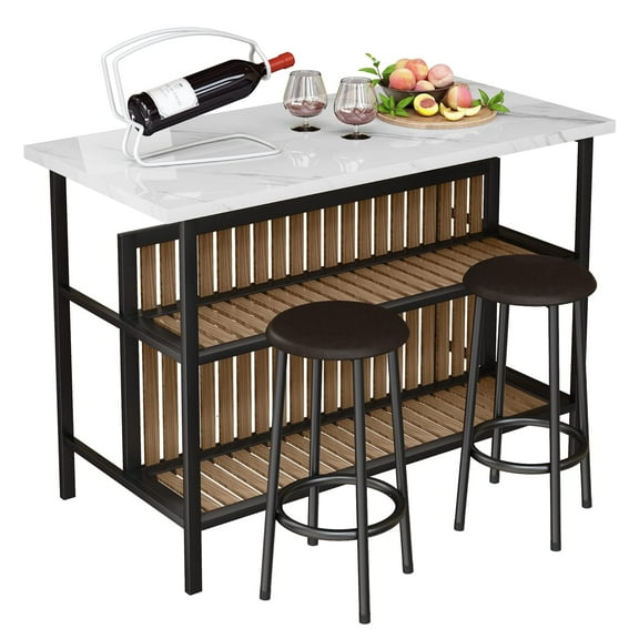 Kitchen Counter Height Dining Table Set, 3-Piece Kitchen Island Table and Chair Set, Kitchen Dining Table with Storage Shelf, Suitable for Apartments, Breakfast Nooks, Kitchens, and Bar Dining Areas.