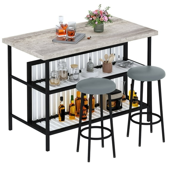 Kitchen Counter Height Dining Table Set, 3-Piece Kitchen Island Table and Chair Set, Kitchen Dining Table with Storage Shelf, Suitable for Apartments, Breakfast Nooks, Kitchens, and Bar Dining Areas.