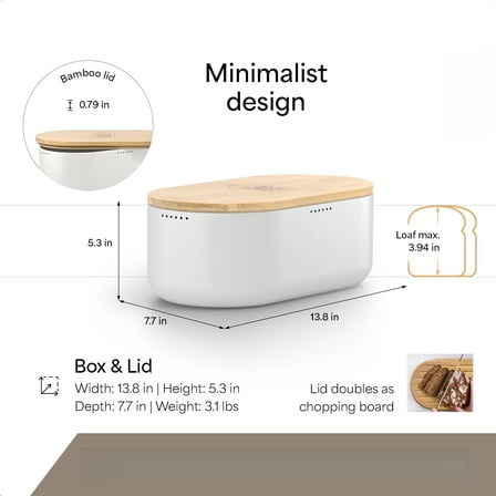 Kitchen Counter Metal Bread Box with Linen Bag, Bamboo Lid Usable as Cutting Board, Bread Storage Container, Pure White, 14.2"x7.5"x5.1"