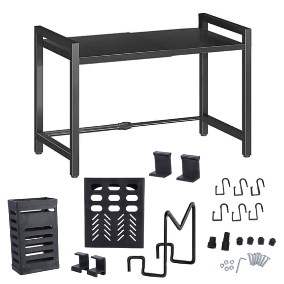 Kitchen Counter Microwave Oven Stand Expandable Shelf with Hooks Robust Carbon Steel Pots and Pans Storage Solution