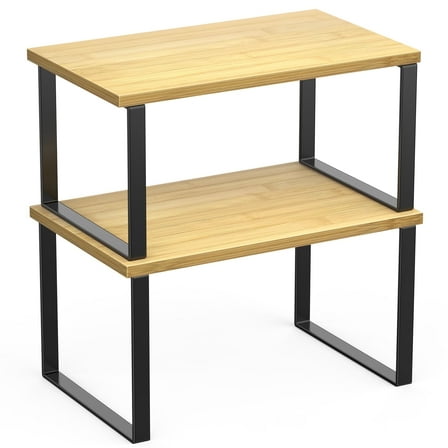 GPED Kitchen Counter Shelves, Set of 2 Cabinet Organizer Shelf, Stacked Spice Rack, Expandable Kitchen Counter Organizer Shelves for Spice Rack Desk Organizer, Metal and Bamboo