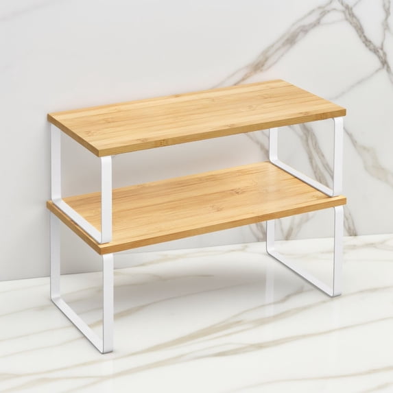 SONGMICS 2-Piece Adjustable Cabinet Organizer, Stackable Expandable Kitchen Shelf Set for Spices & Storage, Cloud White and Natural Beige