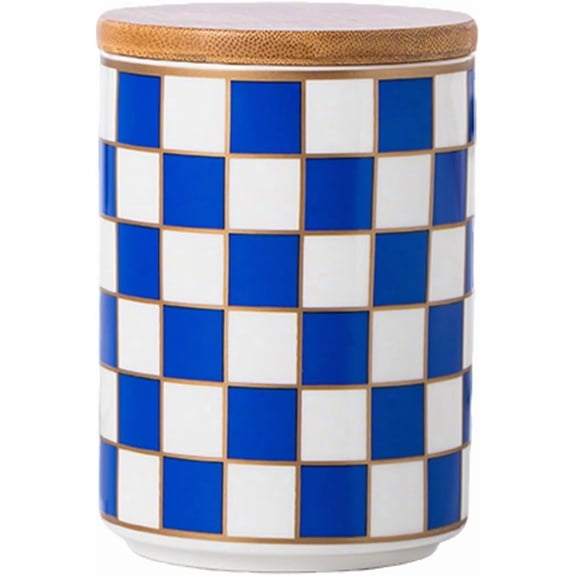 Kitchen Countertop Ceramic Checkered Canisters,Black And White Food Storage Containers With Lid,Airtight Kitchen Canisters for Flour, Sugar, Coffee, Tea, and Dry Goods (Blue, Small)