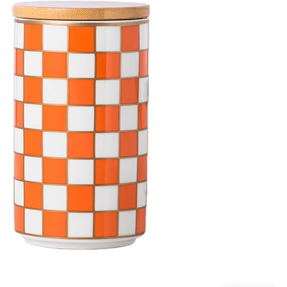 Kitchen Countertop Ceramic Checkered Canisters,Black And White Food Storage Containers With Lid,Airtight Kitchen Canisters for Flour, Sugar, Coffee, Tea, and Dry Goods (Orange, Large)
