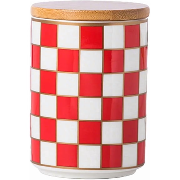 Kitchen Countertop Ceramic Checkered Canisters,Black And White Food Storage Containers With Lid,Airtight Kitchen Canisters for Flour, Sugar, Coffee, Tea, and Dry Goods (Red, Small)