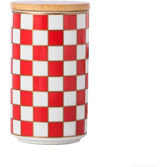 Kitchen Countertop Ceramic Checkered Canisters,Black And White Food Storage Containers With Lid,Airtight Kitchen Canisters for Flour, Sugar, Coffee, Tea, and Dry Goods (Red, Large)