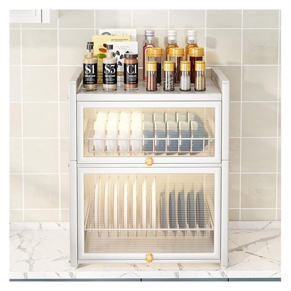 Kitchen Countertop Dish Cabinet with Door and Hook,2 Tier Drainer Cabinet,Dish Storage Cabinet,White