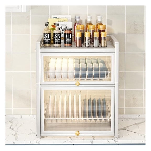 Kitchen Countertop Dish Cabinet with Door and Hook,2 Tier Drainer Cabinet,Dish Storage Cabinet,White