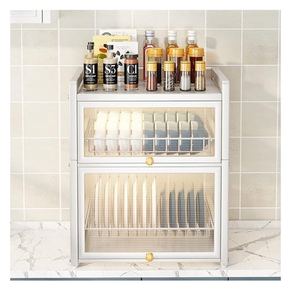 Kitchen Countertop Dish Cabinet with Door and Hook,2 Tier Drainer Cabinet,Dish Storage Cabinet,White
