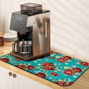 Kitchen Countertop Dish Drying Mat,Fast Absorbent Drying Mat,Non-slip and Quick Dry Coffee Mat,Coffee bar Accessories Fit Under Coffee Maker Espresso MachineBlue Pioneer Flower ,16"x24"