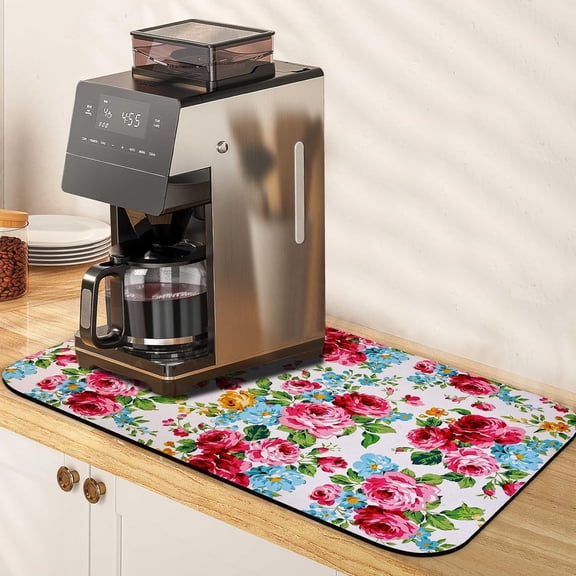 Kitchen Countertop Dish Drying Mat,Fast Absorbent Drying Mat,Non-slip and Quick Dry Coffee Mat,Coffee bar Accessories Fit Under Coffee Maker Espresso Machine(White Pioneer Flower ,12"x18")