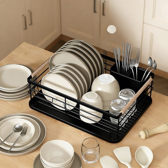 Kitchen Countertop Dish Rack, Dish Drying Rack with Drip Tray and Utensil Holders, Large Capacity Iron Organizer for Plates Bowls and Cups