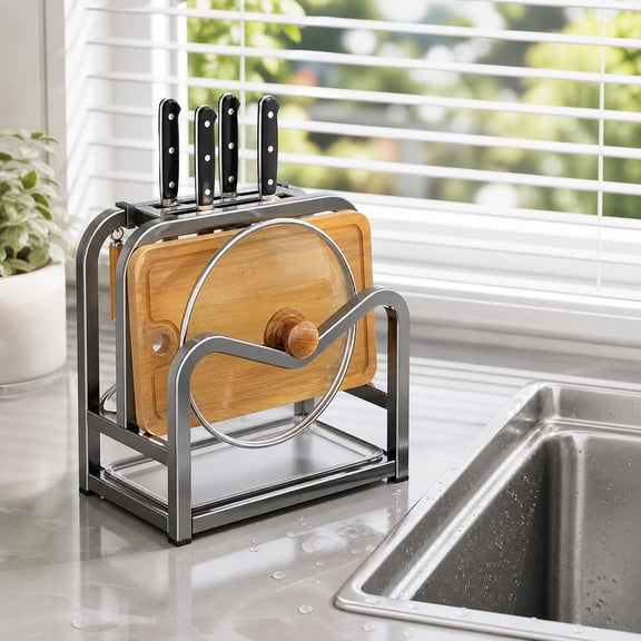 Kitchen Countertop Knife Cutting Board Rack - Pot Lid Storage organizer, Alloy Drainer Shelf, Spatula Utensil Holder, Dark Gray, Ccwuwei