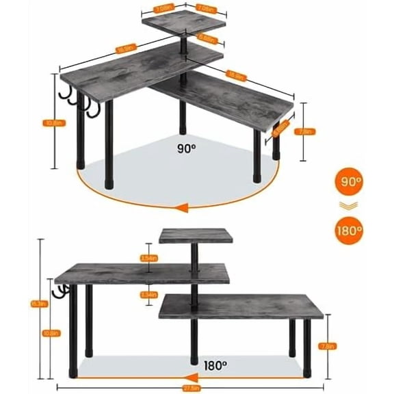 Kitchen Countertop Organizer, 3 Tier Corner Shelf Bathroom Counter Organizer, Wooden Counter Shelf Stand Space Saver, Easy Assembly, Rustic Grey