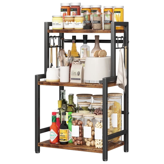 Kitchen Countertop Organizer, 3 Tier Large Spice Rack Organizer with Adjustable Shelf and 5 Hooks, Wooden Counter Organizer, Space Saving Countertop Shelf Microwave Stand for Kitchen,Coffee Bar,Brown