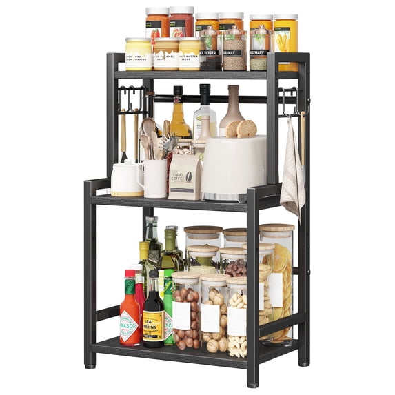 Kitchen Countertop Organizer, 3 Tier Large Spice Rack Organizer with Adjustable Shelf and 5 Hooks, Wooden Counter Organizer, Space Saving Countertop Shelf Microwave Stand for Kitchen,Coffee Bar,Black