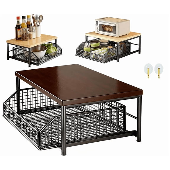 Kitchen Countertop Organizer with Drawer & Wire Basket, 2-Tier Hardwood Shelf for Coffee Maker, Toaster or Compact Microwave, Space-Saving Coffee Bar Storage Rack (Dark brown + black,1PC)