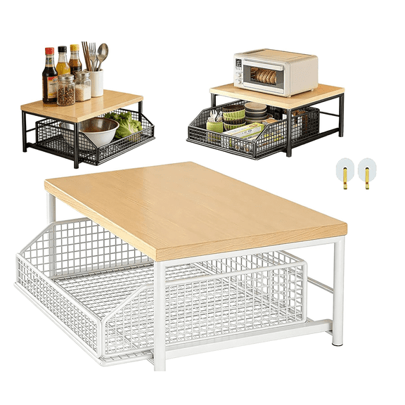 Kitchen Countertop Organizer with Drawer & Wire Basket, 2-Tier Hardwood Shelf for Coffee Maker, Toaster or Compact Microwave, Space-Saving Coffee Bar Storage Rack (Natural wood color + white,1PC)