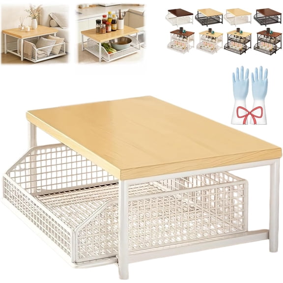 Kitchen Countertop Organizer with Drawer & Wire Basket, 2-Tier Metal Pull-Out Storage Rack, Space-Saving Small Microwave Countertop for Coffee Maker/Seasoning Bottle/Kitchenware (Standard-B)