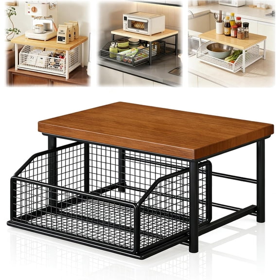 Kitchen Countertop Organizer with Drawer & Wire Basket, 2-Tier Wood Storage Shelf, Space-Saving for Coffee Maker, Spices, Seasoning Bottles & Kitchen Counter Organizers
