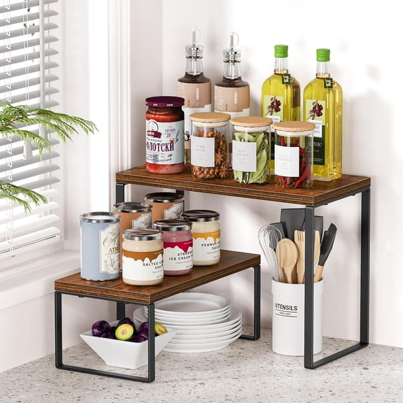 Kitchen Countertop Organizer, Set of 2 Spice Rack Cabinet Organizer Shelf, Stackable Corner Counter Shelf for Pantry, Coffee Station, Rustic Brown