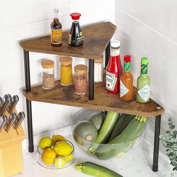 Kitchen Countertop Organizer Spice Rack for Salt, Bathroom Counter Organizer Over Sink for Toiletries, Makeup, 2-Tier Corner Counter Shelf for Coffee Area Storage Dresser Table(Rust Brown)