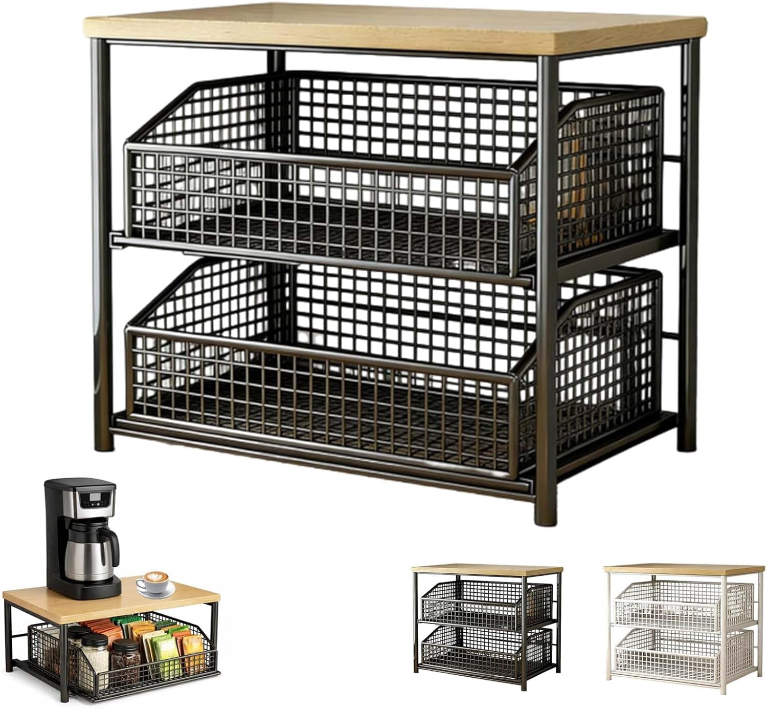 Kitchen Countertop Organizer with Drawer & Wire Basket, Hardwood Shelf, Sliding Drawer, Space-Saving Kitchen Pantry Organizer with Counter Shelf