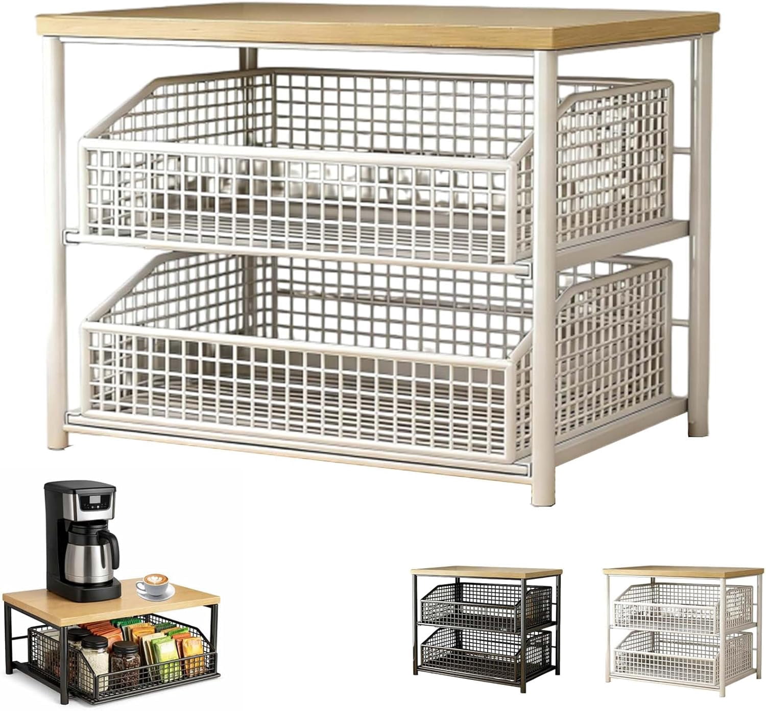 Kitchen Countertop Organizer with Drawer & Wire Basket, Hardwood Shelf, Sliding Drawer, Space-Saving Kitchen Pantry Organizer with Counter Shelf