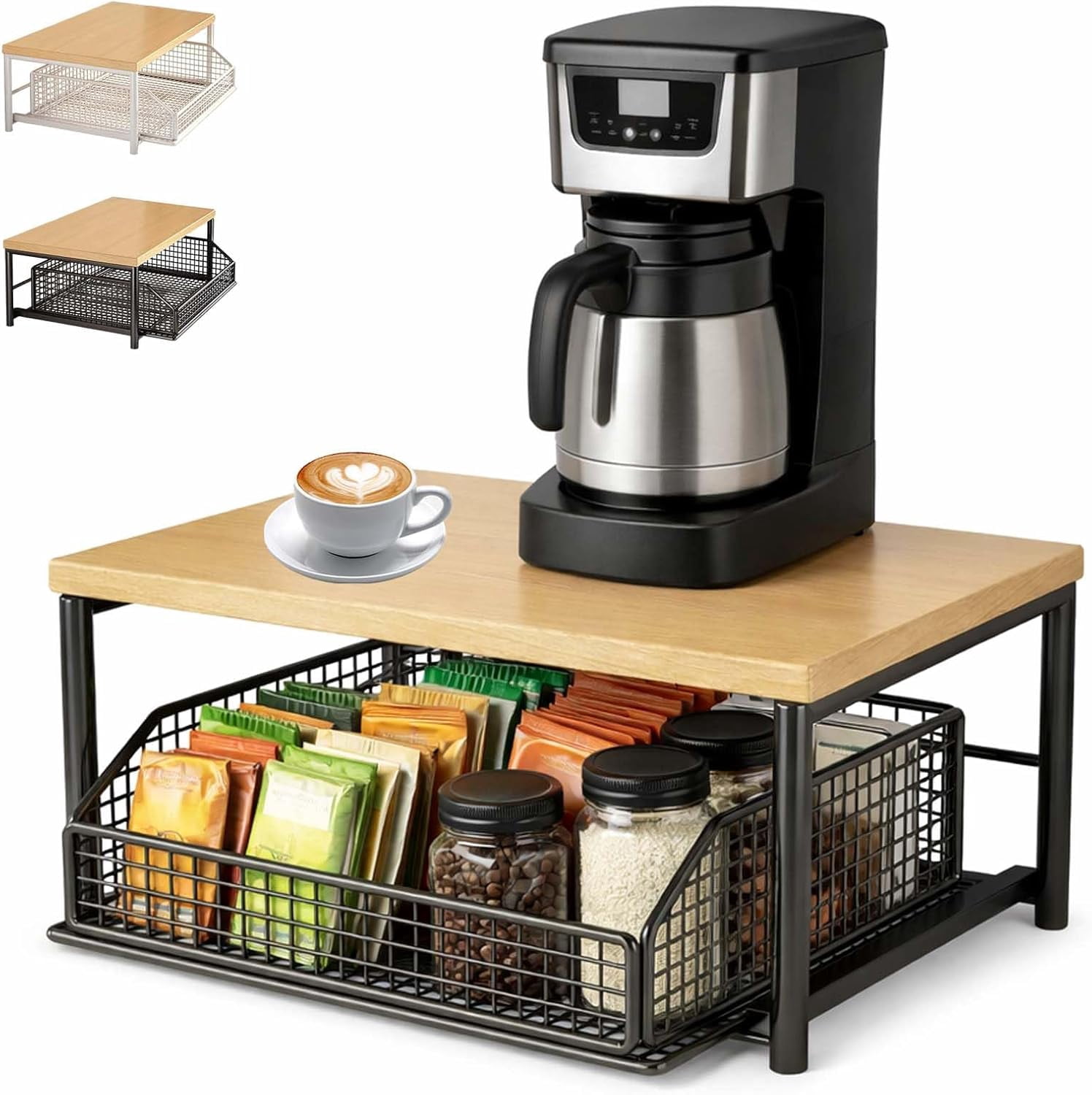 Kitchen Countertop Organizer with Drawer & Wire Basket, Hardwood Shelf, Sliding Drawer, Space-Saving Kitchen Pantry Organizer with Counter Shelf