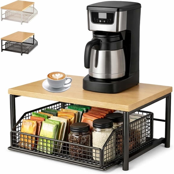 Kitchen Countertop Organizer with Drawer & Wire Basket, Hardwood Shelf, Sliding Drawer, Space-Saving Kitchen Pantry Organizer with Counter Shelf