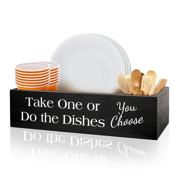 Kitchen Countertop Paper Plate Holder - Wooden Paper Plate Organizer Box Disposable Dish Holder for Wedding,Party,BBQ, Rustic Farmhouse Utensil Caddy for Cups,Forks,Spoons,Plates,Napkins,Condiments