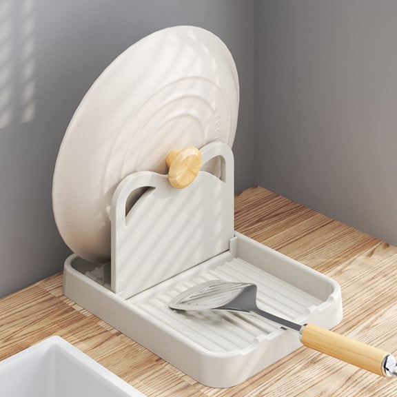 Kitchen Countertop Pot Lid Holder | Foldable Spatula Rack with Oil Draining Design, Plastic Utensil Stand for Spoons, Forks, Cutlery – White, Gray