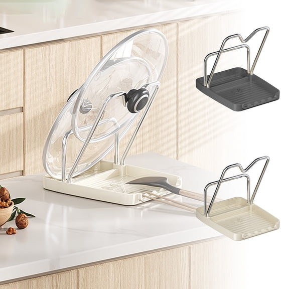 Kitchen Countertop Pot Lid Holder and Utensil Rack with Draining Tray, Plastic Plate and Cutting Board Organizer for Sink and Stove, Space Saving Gray Beige St