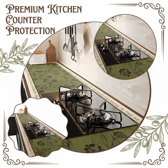 Kitchen Countertop Protector Mat Heat Resistant Oil-Proof Leather Pad Waterproof Cuttable Stove Cover Green Forest Pattern 13.8x31.5 in Green