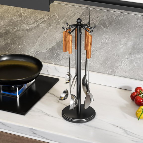 Kitchen Countertop Rotating Utensil Holder, 360° Rotatable Cooking Utensils Stand with Swivel Hooks, Tool Hanging Organizer Rack