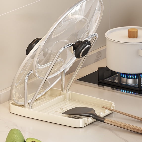 Kitchen Countertop Shelf, Pot Lid Holder Drainer Organiser, Chopping Board Rack with Draining Tray, Sturdy Durable Plastic Storage Rack